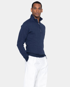 Felpa Mezza Zip Blu Melange Cotone Cashmere | Filatori