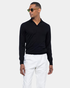 Black Long Sleeved Buttonless Polo Knitwear in Organic Cotton Mulberry Silk | Filatori