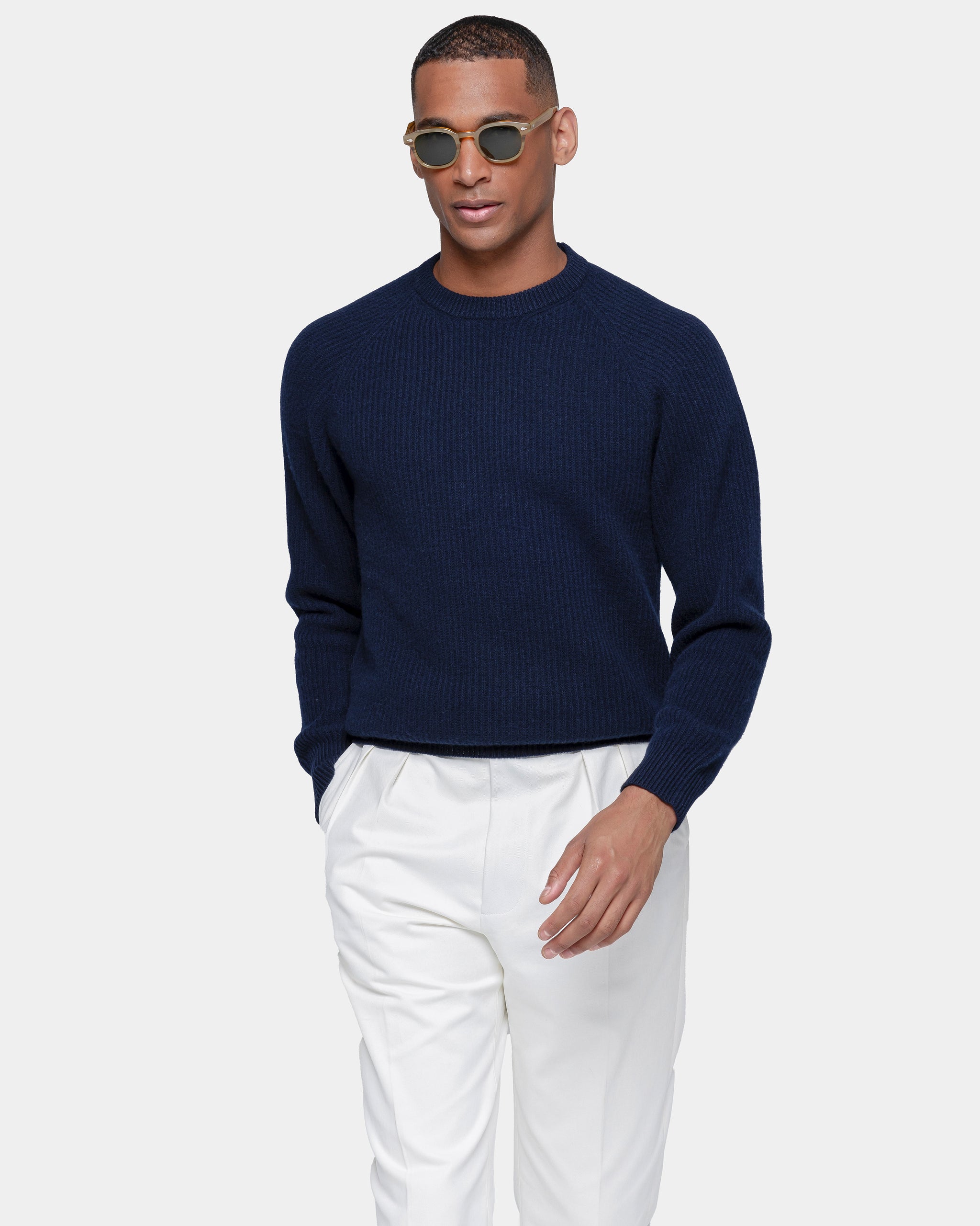 Blue Long Sleeve Crewneck in Super 100's Carded Wool | Filatori