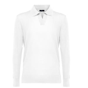 maglia uomo manica lunga tinta unita bianco collo polo con stile sartoriale in tessuto 60% cotone biologico organico 40% seta pregiata lucente brillante prezioso pregiato Filatori su misura made in Italy still life